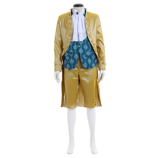 Medieval Men's Golden with White Ruffle and Blue Patterned Waistcoat Court Coat Costume for Cosplay Themed Events Halloween Christmas or Themed Parties
