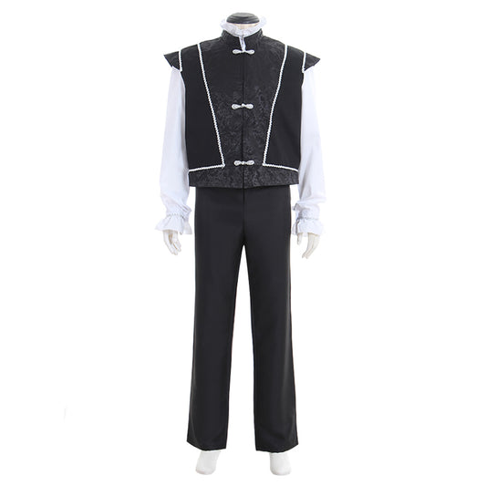 Medieval Men's Black Vest with Silver Trim and White Shirt Costume for Cosplay Themed Events Halloween Christmas or Themed Parties