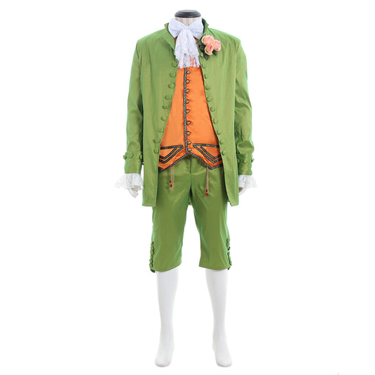 18th Century European Rococo Style Gentleman's Suit with Orange Vest and Flower Embellishment for Historical Reenactments Cosplay Events Halloween Christmas or Parties