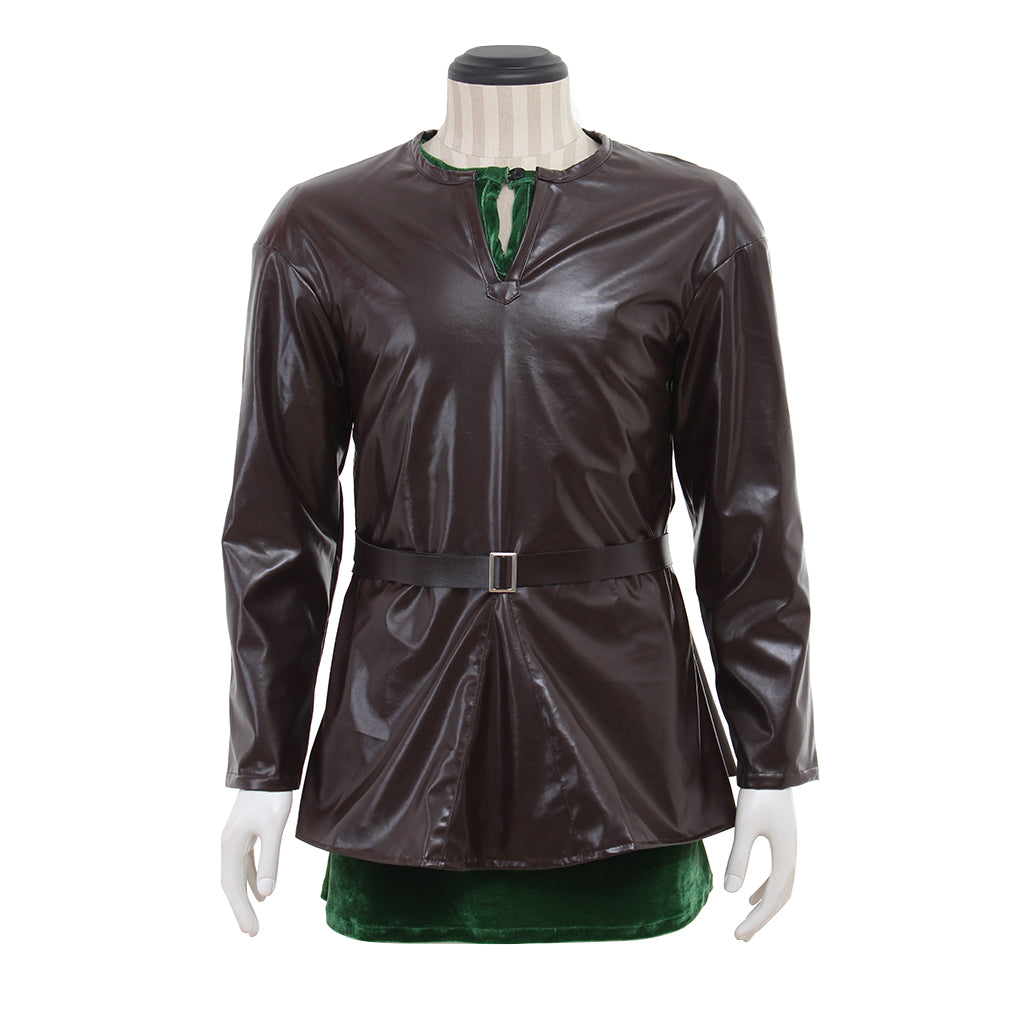 Medieval Men's Brown Leather Jacket with Black Belt and Green Lining Costume for Cosplay Themed Events Halloween Christmas or Themed Parties