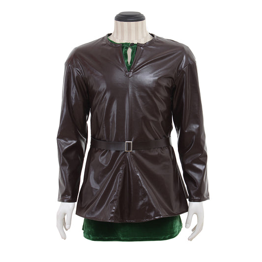 Medieval Men's Brown Leather Jacket with Black Belt and Green Lining Costume for Cosplay Themed Events Halloween Christmas or Themed Parties