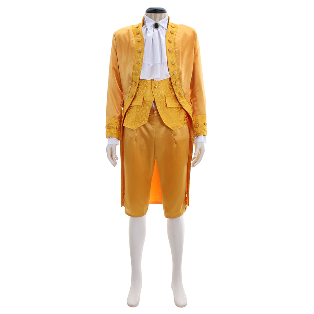 Medieval Men's Gold Court Suit with White Ruffle and Ornate Design Costume for Cosplay Themed Events Halloween Christmas or Themed Parties