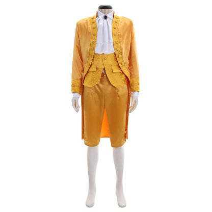 Medieval Men's Gold Court Suit with White Ruffle and Ornate Design Costume for Cosplay Themed Events Halloween Christmas or Themed Parties