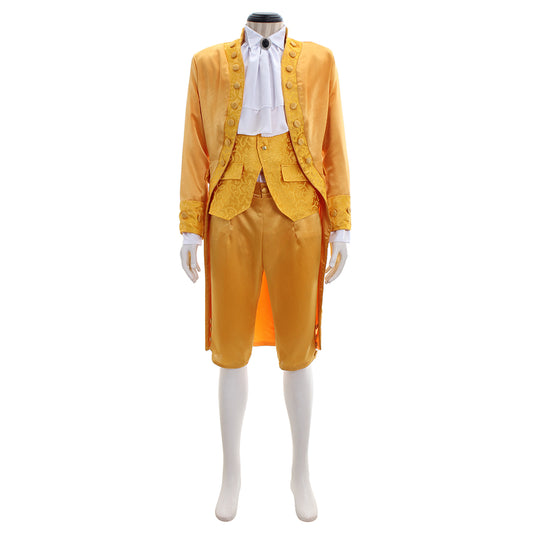 Medieval Men's Gold Court Suit with White Ruffle and Ornate Design Costume for Cosplay Themed Events Halloween Christmas or Themed Parties