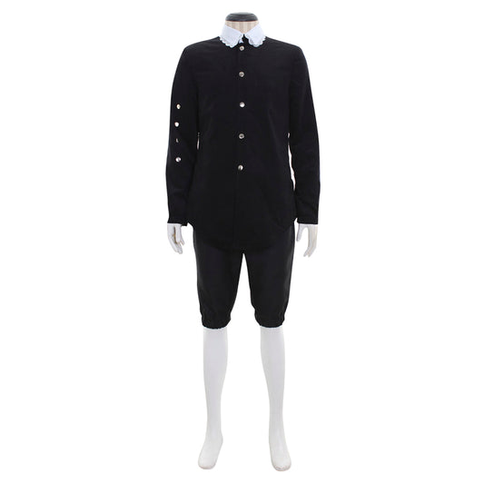 Medieval Men's Black Tunic with White Collar, Buttons and Black Breeches Costume for Cosplay Themed Events Halloween Christmas or Themed Parties