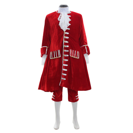 Medieval Men's Red Coat with White Ruffles and Red Breeches Costume for Cosplay Themed Events Halloween Christmas or Themed Parties