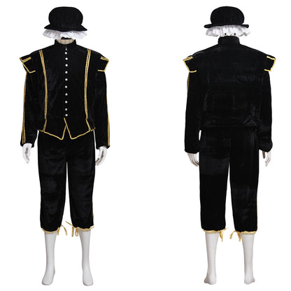 Medieval Men's Black Coat with Gold Trim, White Collar and Black Breeches with Hat Costume for Cosplay Themed Events Halloween Christmas or Themed Parties