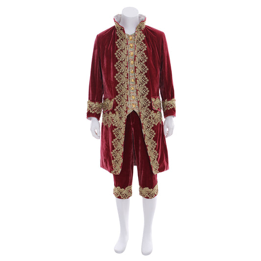 Medieval Men's Red Velvet Coat with Gold Embroidered Trim, Red Breeches Costume for Cosplay Themed Events Halloween Christmas or Parties