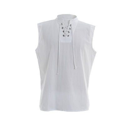 Medieval Men's White Sleeveless Top with Lace up Neckline for Cosplay Themed Events Halloween Christmas or Parties