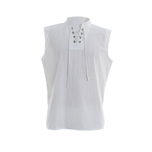 Medieval Men's White Sleeveless Top with Lace up Neckline for Cosplay Themed Events Halloween Christmas or Parties