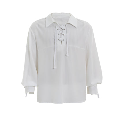 Medieval Men's White Long Sleeve Shirt with Spread Collar and Lace up Neckline for Cosplay Themed Events, Halloween, Christmas or Parties