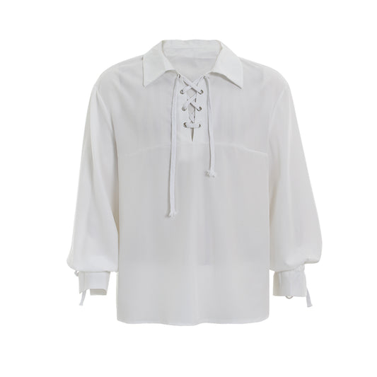 Medieval Men's White Long Sleeve Shirt with Spread Collar and Lace up Neckline for Cosplay Themed Events, Halloween, Christmas or Parties