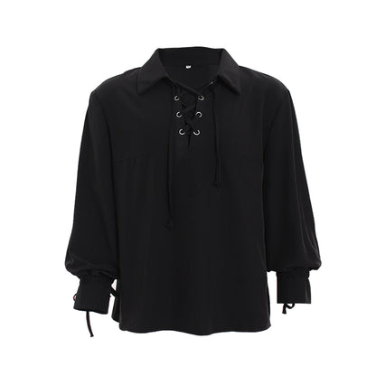 Medieval Men's White Long Sleeve Shirt with Spread Collar and Lace up Neckline for Cosplay Themed Events, Halloween, Christmas or Parties