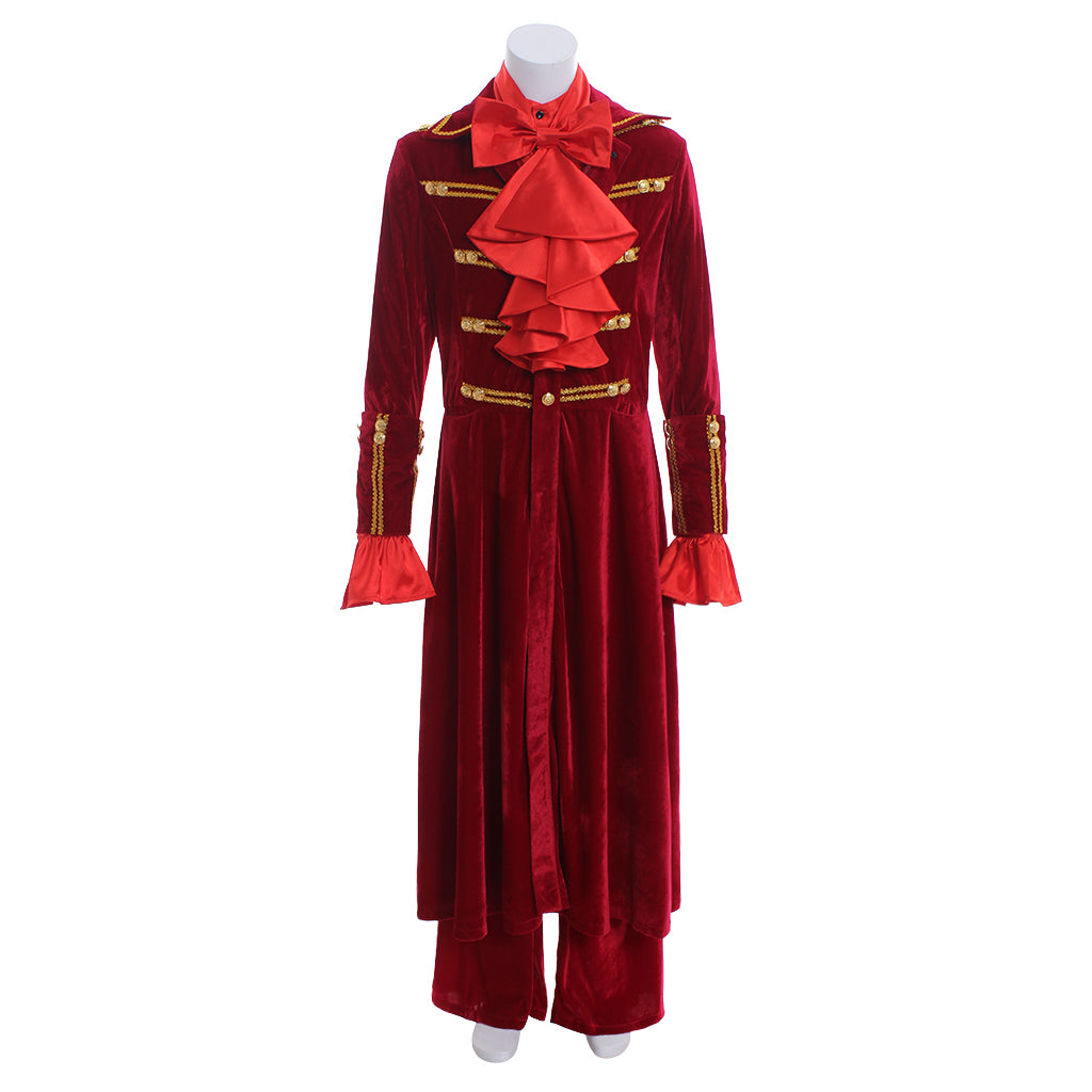 Medieval Men's Red Velvet Long Coat with Gold Trim Ruffled Collar and Cuffs  Matching Pants Costume for Cosplay Themed Events Halloween Christmas or Parties
