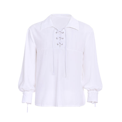 Medieval Men's White Long Sleeve Shirt with Spread Collar and Lace up Neckline for Cosplay Themed Events Halloween Christmas or Parties