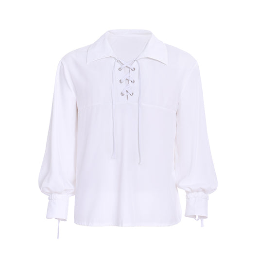 Medieval Men's White Long Sleeve Shirt with Spread Collar and Lace up Neckline for Cosplay Themed Events Halloween Christmas or Parties