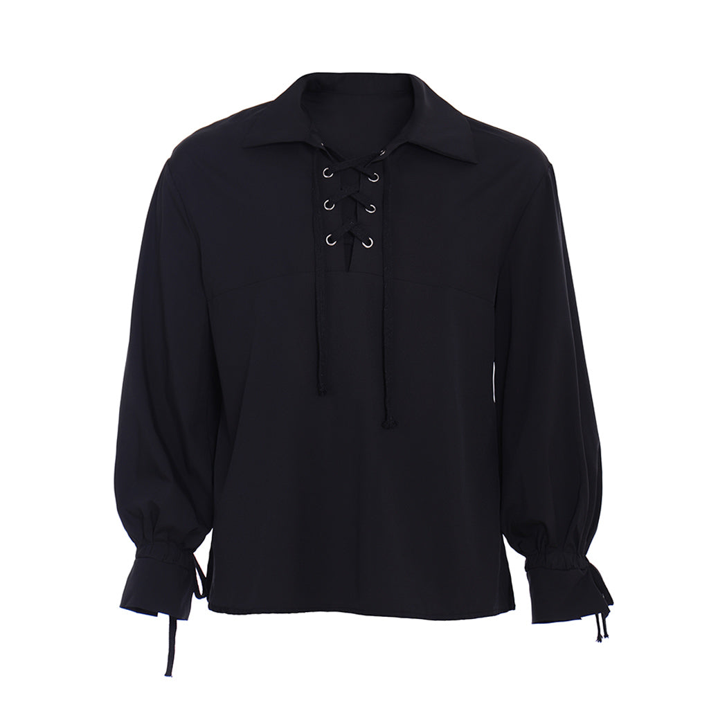 Medieval Men's White Long Sleeve Shirt with Spread Collar and Lace up Neckline for Cosplay Themed Events Halloween Christmas or Parties