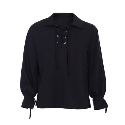 Medieval Men's White Long Sleeve Shirt with Spread Collar and Lace up Neckline for Cosplay Themed Events Halloween Christmas or Parties