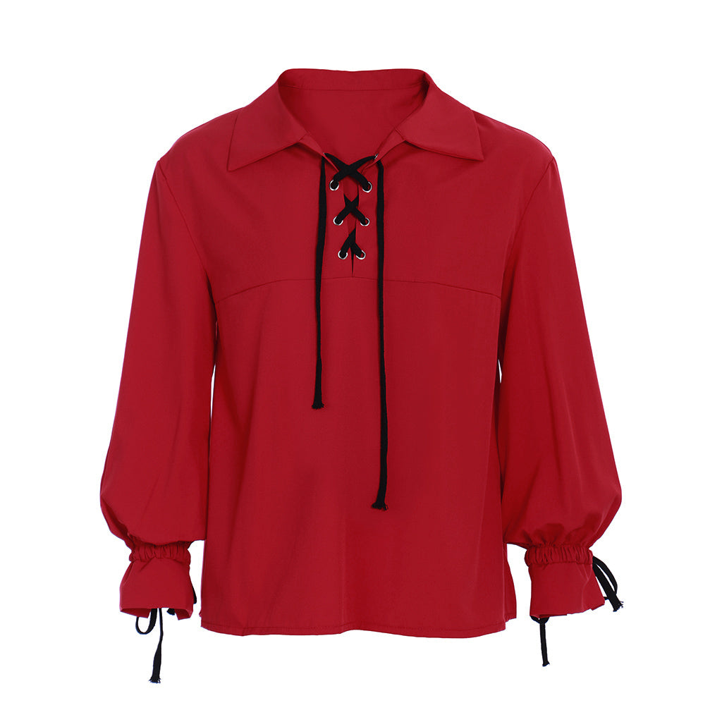 Medieval Men's White Long Sleeve Shirt with Spread Collar and Lace up Neckline for Cosplay Themed Events Halloween Christmas or Parties