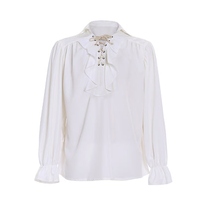 Medieval Men's White Long  Sleeve Shirt with Ruffled Lace  up Neckline and Flared Cuffs for Cosplay Themed Events Halloween Christmas or Parties