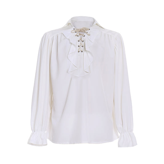 Medieval Men's White Long  Sleeve Shirt with Ruffled Lace  up Neckline and Flared Cuffs for Cosplay Themed Events Halloween Christmas or Parties