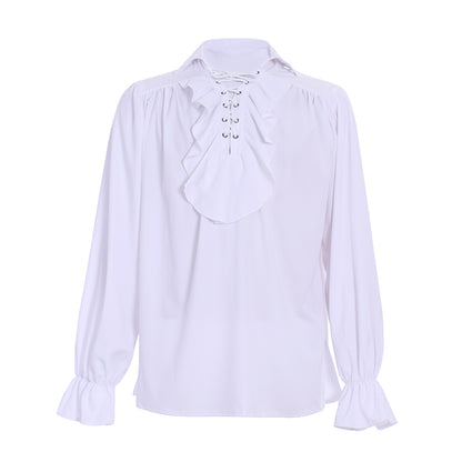 Medieval Men's White Long  Sleeve Shirt with Ruffled Lace  up Neckline and Flared Cuffs for Cosplay Themed Events Halloween Christmas or Parties