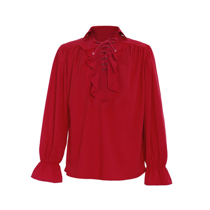 Medieval Men's White Long  Sleeve Shirt with Ruffled Lace  up Neckline and Flared Cuffs for Cosplay Themed Events Halloween Christmas or Parties