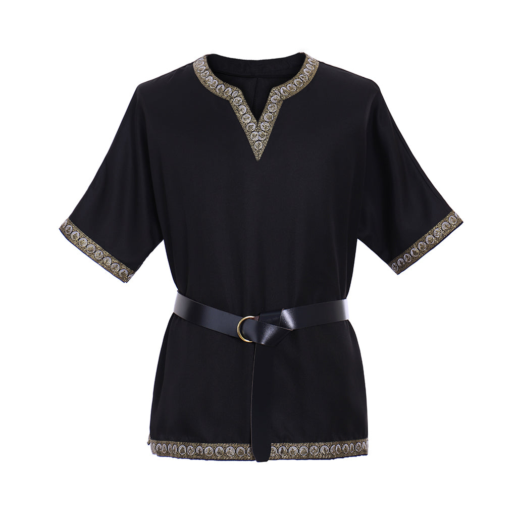 Medieval Men's Black Short  Sleeve Tunic with Gold Embroidered Trim and Black Belt for Cosplay Themed Events  Halloween Christmas or Parties