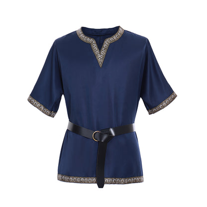 Medieval Men's Black Short  Sleeve Tunic with Gold Embroidered Trim and Black Belt for Cosplay Themed Events  Halloween Christmas or Parties