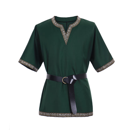 Medieval Men's Black Short  Sleeve Tunic with Gold Embroidered Trim and Black Belt for Cosplay Themed Events  Halloween Christmas or Parties