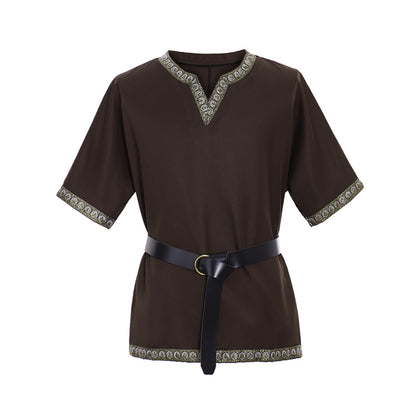 Medieval Men's Black Short  Sleeve Tunic with Gold Embroidered Trim and Black Belt for Cosplay Themed Events  Halloween Christmas or Parties