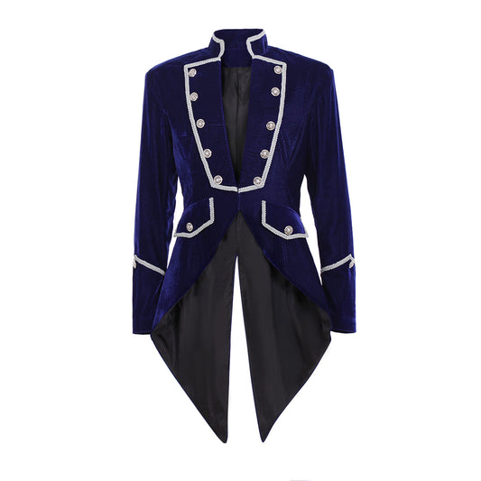 18th Century European Rococo Style Gentleman’s Tailcoat with Navy Blue Velvet and White Trim for Historical Reenactments Cosplay Events Halloween Christmas or Parties