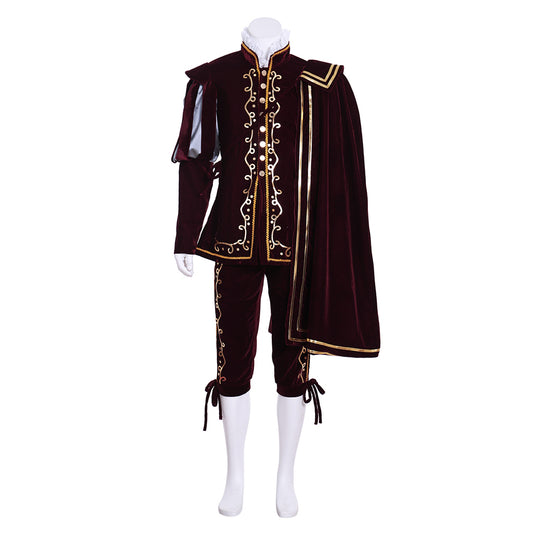 Renaissance Men's Gray Vest with White Trim and Maroon Cloak Tudor  style and Gray Breeches for Cosplay Themed Events Halloween Christmas or Themed Parties