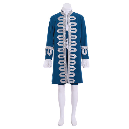 Medieval Teal Blue Court Costume with Silver Ornate Trim and Ruffled Cuffs Cosplay Halloween Christmas