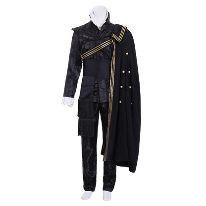 Tudor  Black Brocade Military - Style Costume with Gold Trim and Cape for Cosplay Themed Events Halloween Christmas or Themed Parties