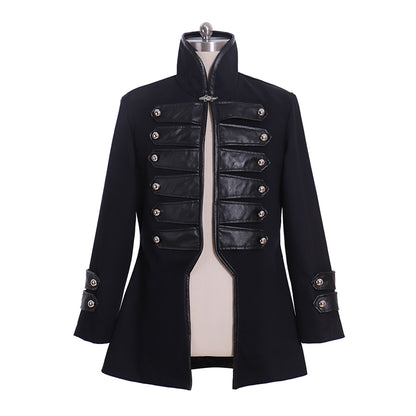 Medieval Black Military Style Coat with Leather Panels and Silver Button Detailing  for Historical Reenactments Cosplay Events Halloween Christmas or Parties