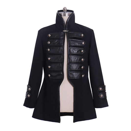 Medieval Black Military Style Coat with Leather Panels and Silver Button Detailing  for Historical Reenactments Cosplay Events Halloween Christmas or Parties