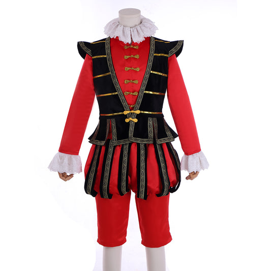 Tudor Noble Court Costume: Crimson Doublet with Black Trim Gold Lacing Ruffled Cuffs and Matching Breeches for Historical Reenactments Cosplay Events or Halloween Christmas or Parties
