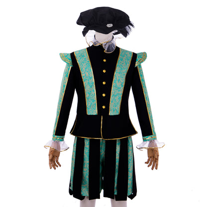 Medieval Men's Black Rococo Court Suit with Intricate Green Trim and Gold Accents Cosplay Stage Costume Adult Halloween Christmas Party Themed Outfit