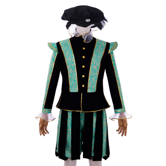 Medieval Men's Black Rococo Court Suit with Intricate Green Trim and Gold Accents Cosplay Stage Costume Adult Halloween Christmas Party Themed Outfit