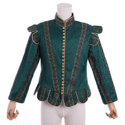 Medieval Men's Emerald Green Brocade Medieval Renaissance Jacket Cosplay Stage Costume Adult Party Themed Outfit