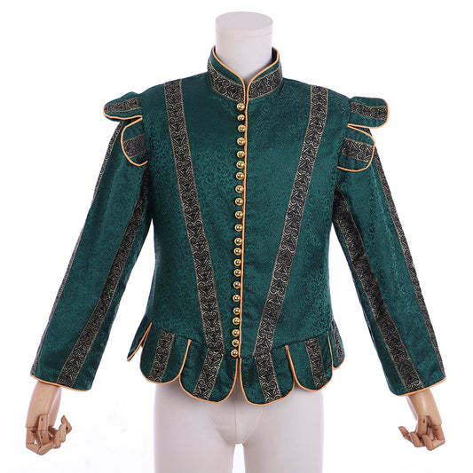 Medieval Men's Emerald Green Brocade Medieval Renaissance Jacket Cosplay Stage Costume Adult Party Themed Outfit