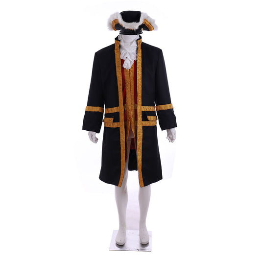 Medieval Men's Black Rococo Court Coat with Gold Trim and Wig Cosplay Stage Costume Adult Halloween Christmas Party Themed Outfit