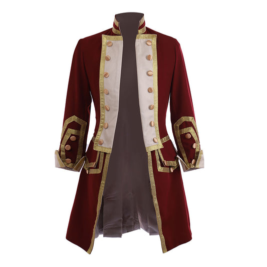 Medieval Men's Red Rococo Court Coat with Gold Trim Cosplay Stage Costume Adult Halloween Christmas Party Themed Outfit