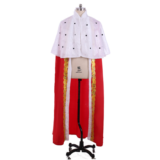 Medieval Royal Red Cape with White Fur Trim, Gold Embellishments and White Mantle with Black Dots Cosplay Stage Costume Adult Halloween Christmas Party Themed Outfit
