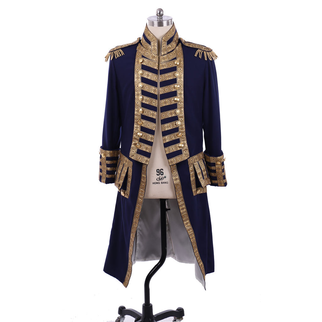Medieval Men's Navy Blue and Gold Empire Military Coat with Ornate Gold Accents Cosplay Stage Costume Adult Halloween Christmas Party Themed Outfit