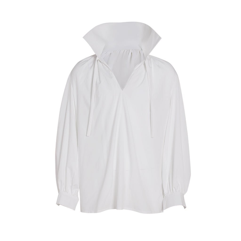 Medieval White High Collar Drawstring V-Neck Balloon Sleeve Blouse  for Historical Reenactments Cosplay Events Halloween Christmas or Parties