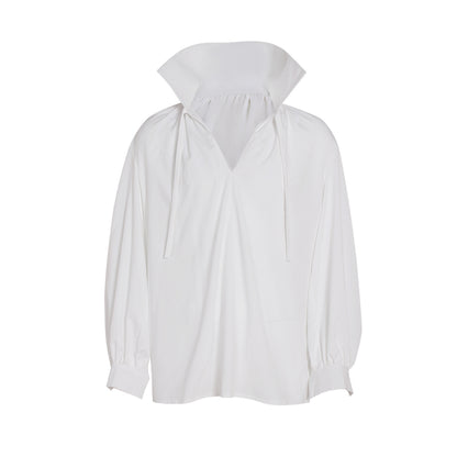 Medieval White High Collar Drawstring V-Neck Balloon Sleeve Blouse  for Historical Reenactments Cosplay Events Halloween Christmas or Parties