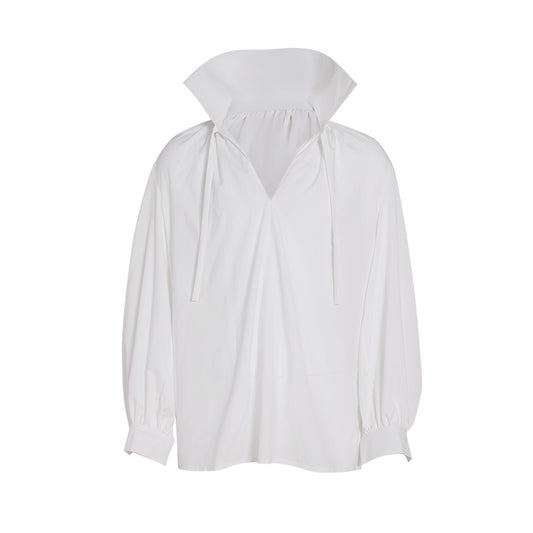 Medieval White High Collar Drawstring V-Neck Balloon Sleeve Blouse  for Historical Reenactments Cosplay Events Halloween Christmas or Parties