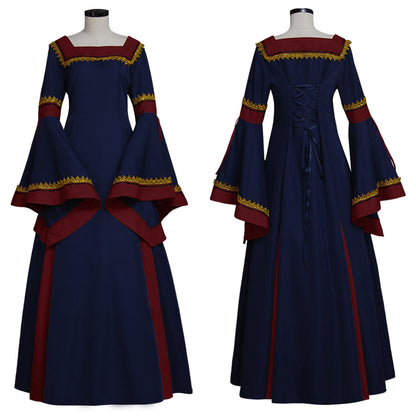Medieval Vintage Regency Dress Square Neck Navy Blue Red Gown Medieval Cosplay Costume Long Sleeve With Trim Renaissance Gown Women Cosplay Costume Adult Ladies Halloween Christmas Dress